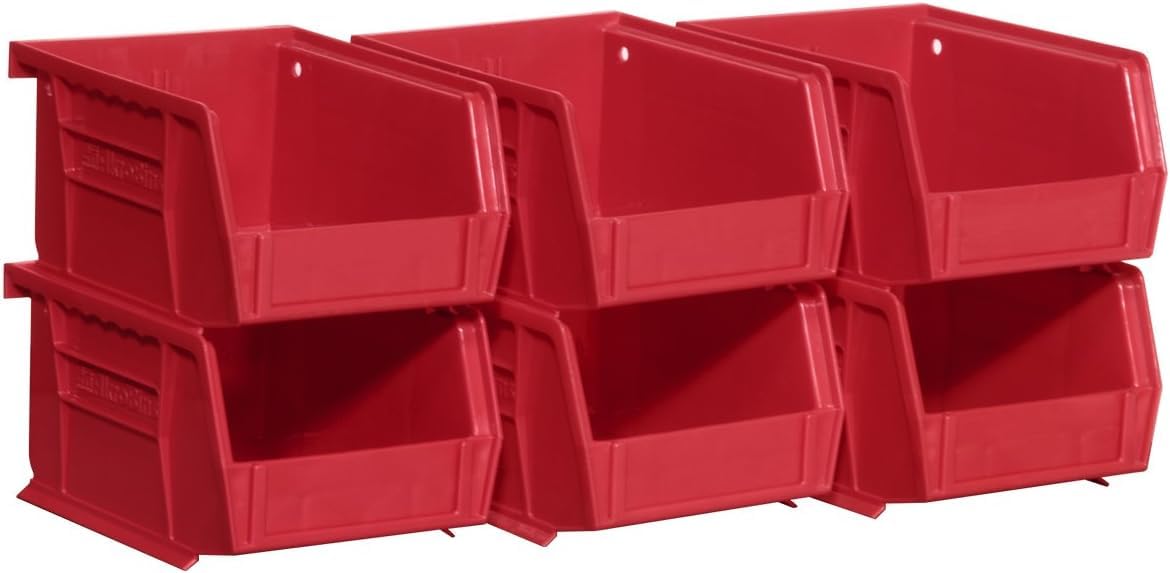 Akro-Mils 30210 AkroBins Plastic Storage Bins, Space-Saving Stackable Bins for Garage, Pantry, Craft Organization, 5" x 4" x 3", Red, 6-Pack