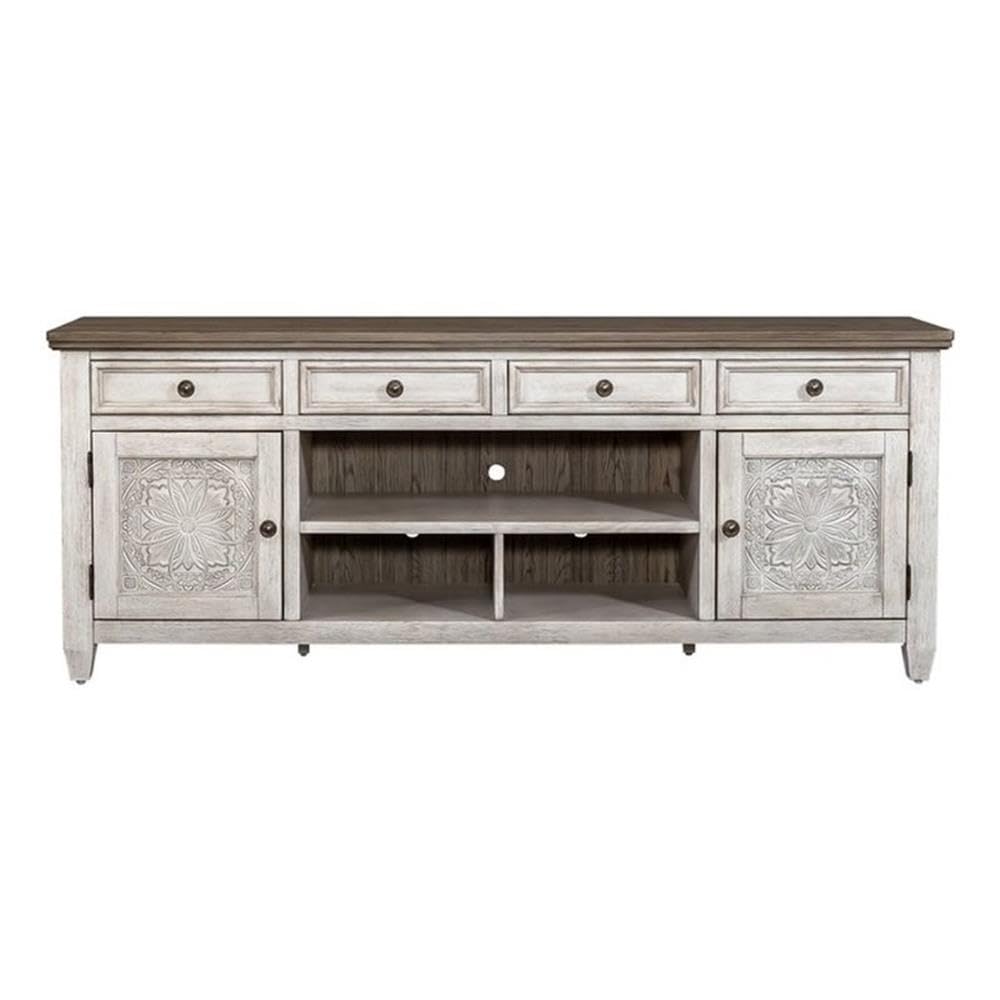 Liberty Furniture Heartland 76 Inch Tile TV Console for Living Room - Antique White with Tobacco Tops