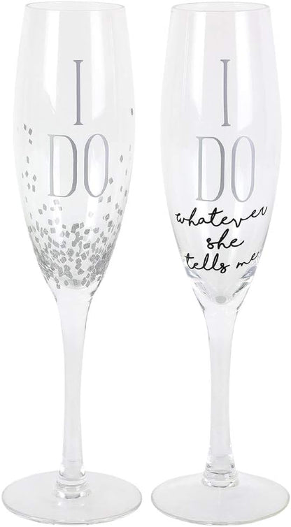 Enesco Our Name is Mud I Do Glittered Wine Glasses - Wedding Champagne Flute, 2 Piece Set, Clear