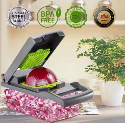 Vegetable Chopper and Slicer, 15-in-1 Manual Food Dicer with Container, Stainless Steel Blades, Gray and Green