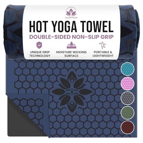 Clever Yoga Hot Yoga Mat Towel – Non-Slip Grip for Hot Yoga, Sweat Absorbent, Honeycomb Silicone Grip, Stays Flat – Ideal for Pilates, Travel, Washable & Lightweight - Dark Blue