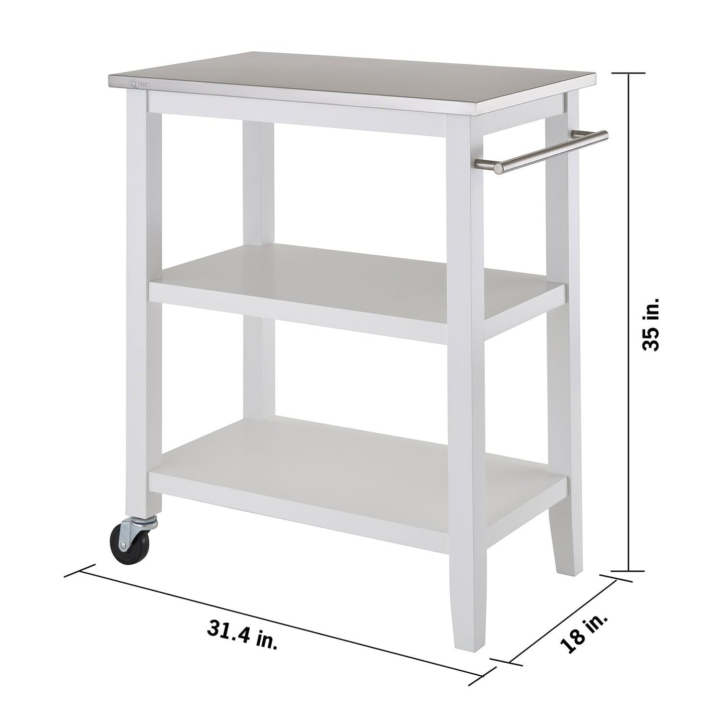 TRINITY 3-Tier Mobile Kitchen Island Storage Cart with Stainless Steel Top, 31.4" x 18" x 35", White