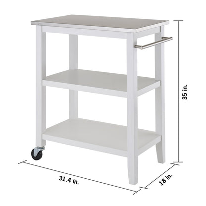 TRINITY 3-Tier Mobile Kitchen Island Storage Cart with Stainless Steel Top, 31.4" x 18" x 35", White