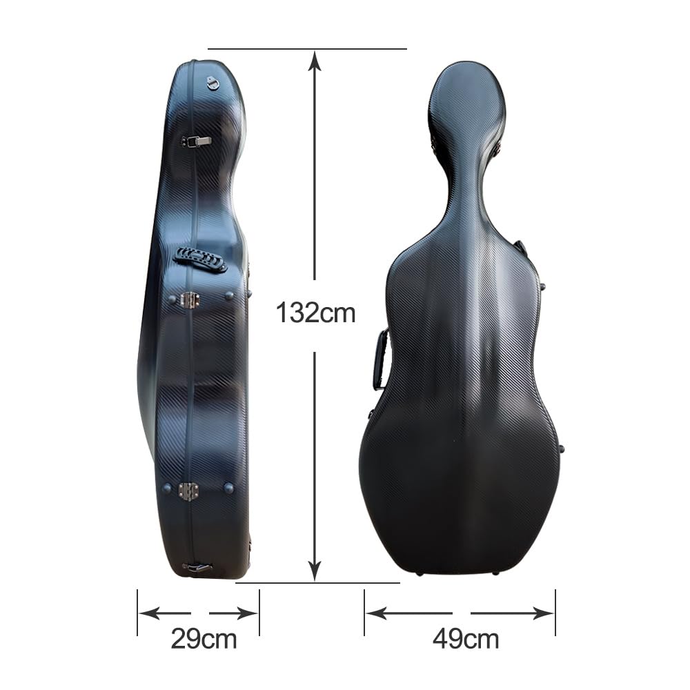 Vetimobato Ultra-Lightweight Braided Carbon Fiber Cello Case 4/4 Full Size Hard Shell with Wheels,Backpack Straps,Bow Holders ca. 3.6kg (Black)