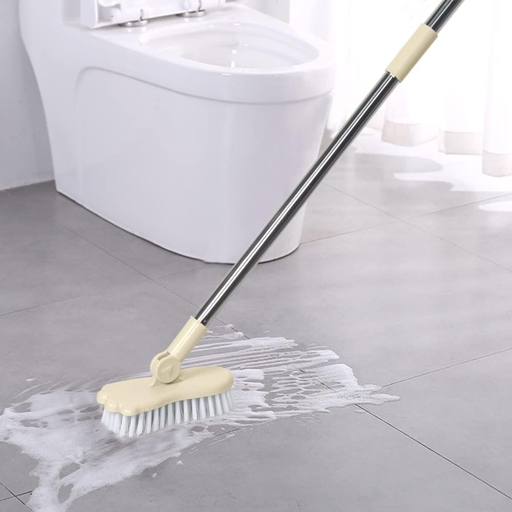LandHope Long Handled Scrub Brush, Rotatable Brush Head for Bathroom, Kitchen, and Tile Cleaning (Beige)