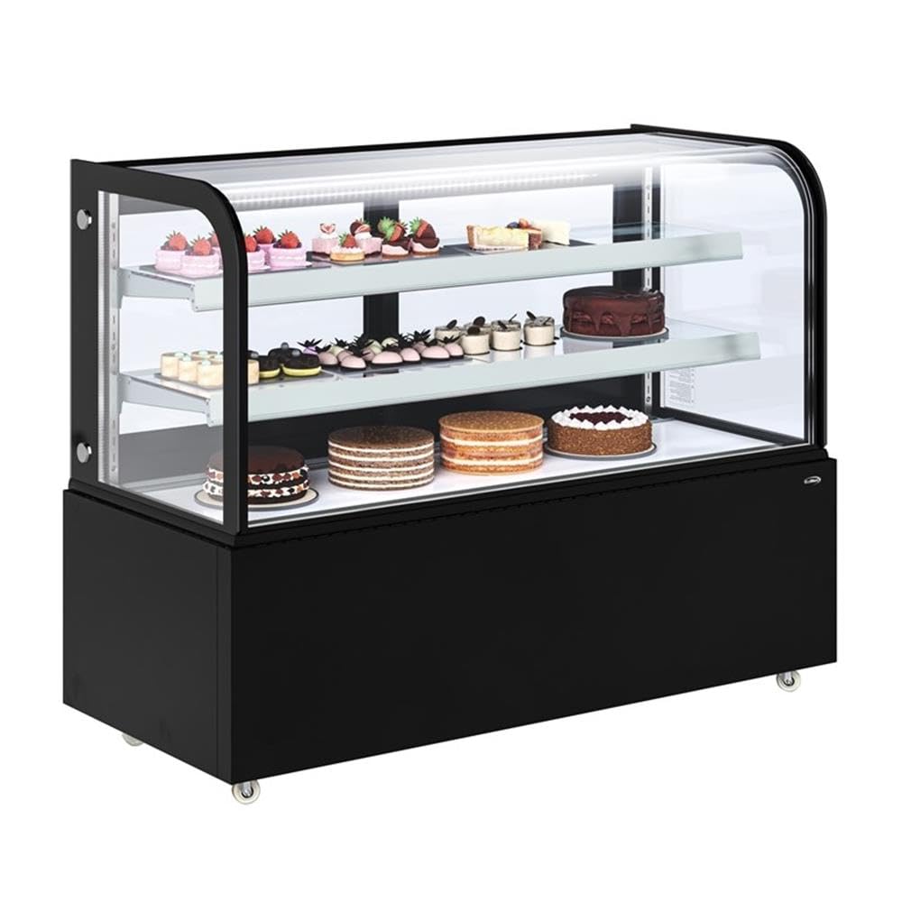 Pemberly Row 60" Refrigerated Bakery Display Case, Black Finish, 176 cu. ft. Capacity, Stainless Steel Frame, Curved Glass Design, Digital Temperature Control, Sliding Doors, Adjustable Shelves,