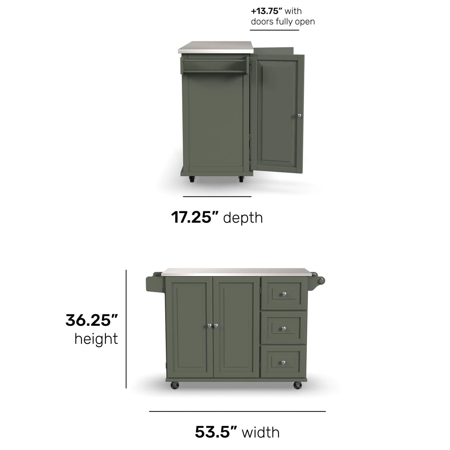 Homestyles Mobile Kitchen Island Cart with Stainless Steel Top, Sage Green