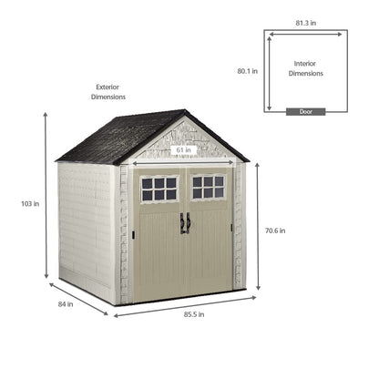 Rubbermaid 7 Foot by 7 Foot Weatherproof Outdoor Storage Shed for Garden Tools and Lawn Machinery Organization with Lockable Double Door Sandstone