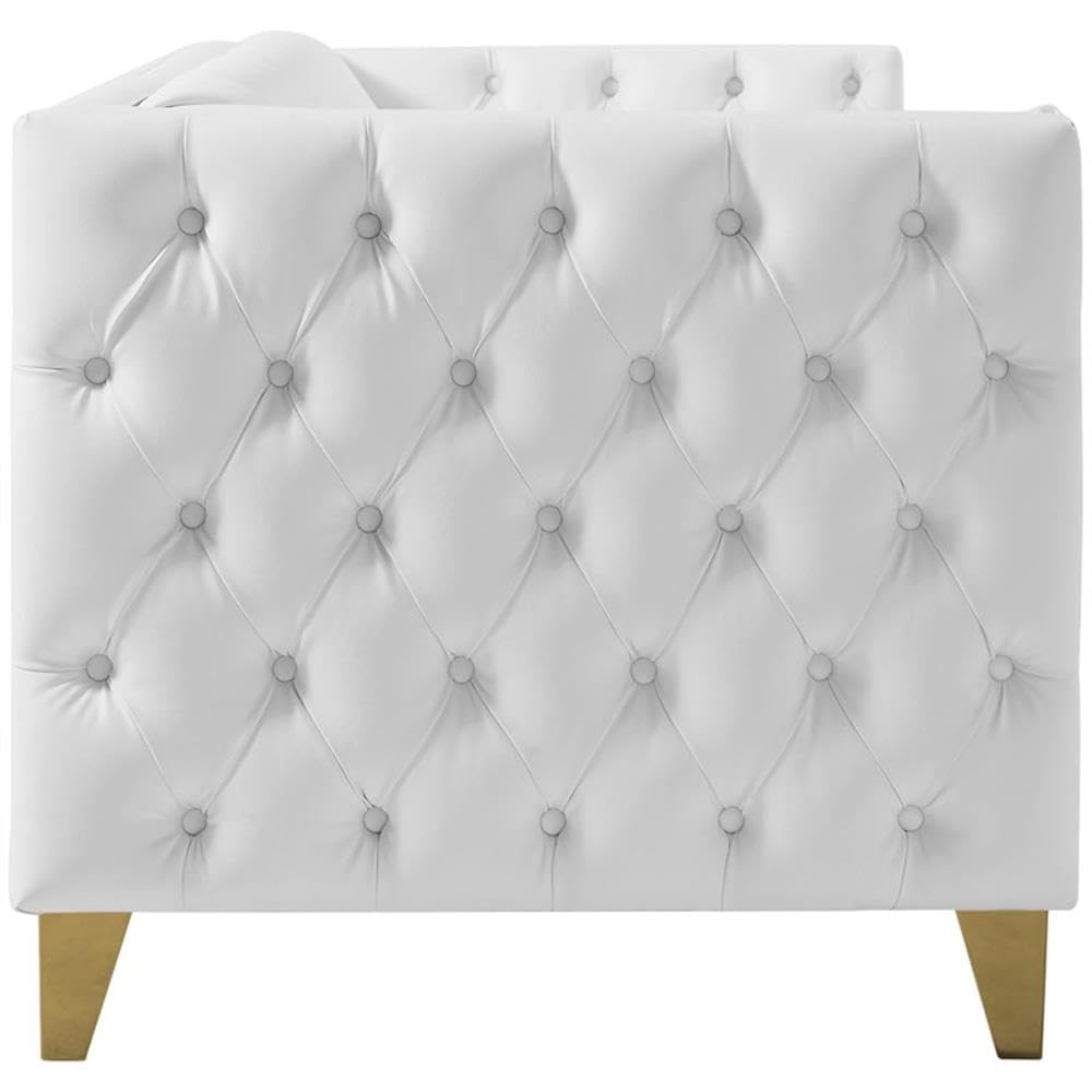 Meridian Furniture 651White-S Michelle Collection Modern | Contemporary Sofa with Deep Button Tufting, Gold Nailhead Trim and Sturdy Gold Iron Legs, White Vegan Leather, 90" W x 34" D x 30" H