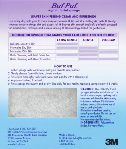 Buf-Puf Regular Facial Sponge, Dermatologist Developed, Removes Deep Down Dirt & Makeup that Causes Breakouts and Blackheads, Reusable, Exfoliating, White, 1 Count