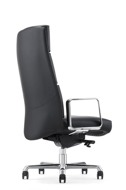 FURIJING Genuine Leather Aluminum Base High Back Executive Chair,Modern Ergonomic Real Leather Office Chair Boss Executive Chair with Synchro-Tilt Mechanism-Black.