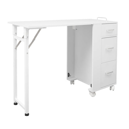 TREMENPOW Foldable Manicure Table, Single Station Nail Desk, Manicure Table with 3 Drawers & Wheels, 220lb Capacity, for Nail Salons, Beauty Spa, Home Office, Writing or Computer Desk