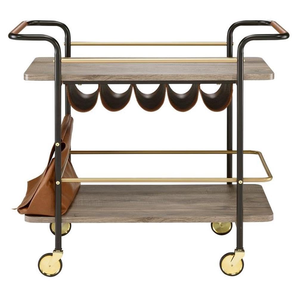 Acme Naude 2-Shelf Wood Serving Cart with Wheel in Gold and Black