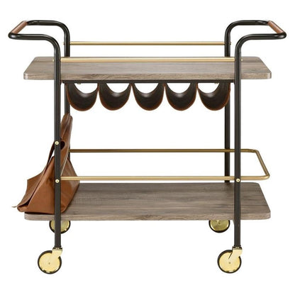 Acme Naude 2-Shelf Wood Serving Cart with Wheel in Gold and Black
