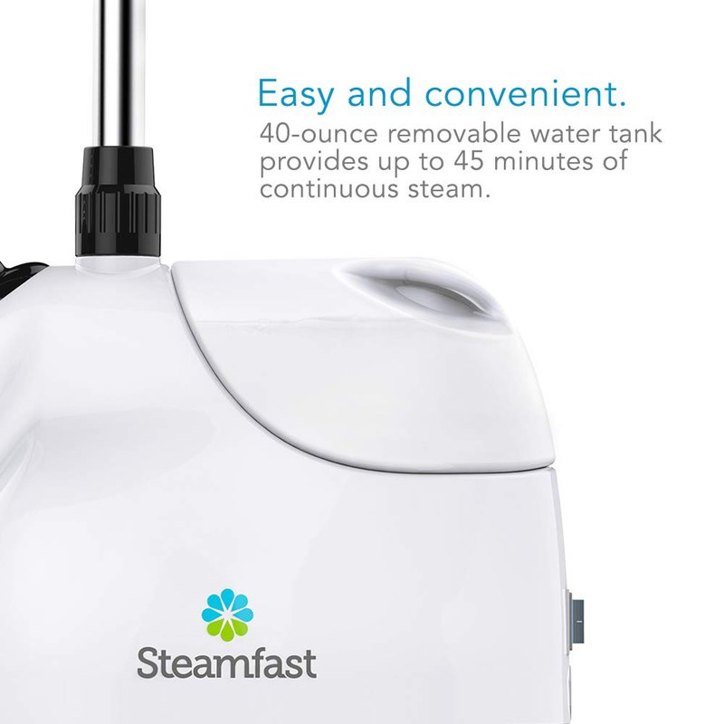 Steamfast SF-407 Canister Fabric Steamer, With Telescopic Pole and Fabric Brush, 45 Second Heat Up Time, Chemical-Free Steam, Clothes Hook, Fabric Brush, 40-Ounce Water Tank, White