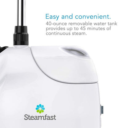 Steamfast SF-407 Canister Fabric Steamer, With Telescopic Pole and Fabric Brush, 45 Second Heat Up Time, Chemical-Free Steam, Clothes Hook, Fabric Brush, 40-Ounce Water Tank, White