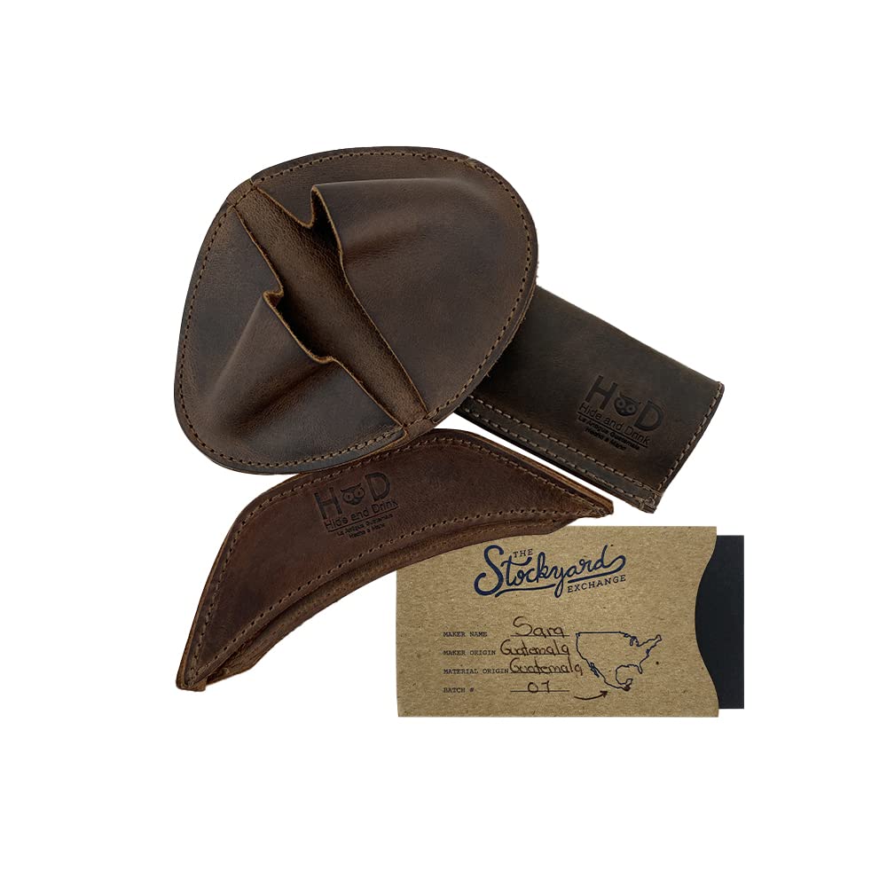 Hide & Drink, Set of 3 Rustic Hot Handle Holders, Panhandle, Side Kick & Grip Mitt, Assist Grip for Cast Iron Skillets & Pans, Full Grain Leather, Handmade, Bourbon Brown