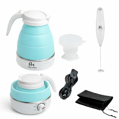 Nikao Home Foldable Electric Kettle With Milk Frother and Foldable Cup – Travel kettle, Portable Tea Kettle for Travel, Mini Collapsible Water Warmer, Compact Design and Quick Heating. (Aqua Blue)