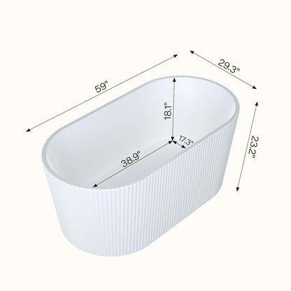 59" Modern V-Shape Freestanding Bathtub - Gloss White Acrylic Soaker with Pleated Design, Chrome Drain & Overflow,Cupc Certified,Gloss White