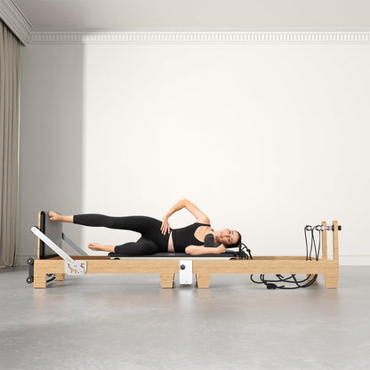 Wooden Foldable Pilates Reformer Machine, Quick-Assembly Studio Grade Pilates Reformer for Home and Gym, Pilates Equipment with Adjustable Resistance, Jump Board and Accessories