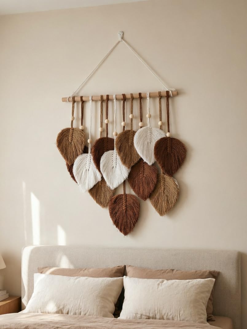 Jditngp DIY Macrame Leaf Wall Hanging Beginners Boho Wall Leaf Tapestry Kit Handmade Woven Tapestry Feather Wall Hanging DIY Macrame Kit for Adults Birthday Gift DIY Craft Kits 15.8" (Brown)
