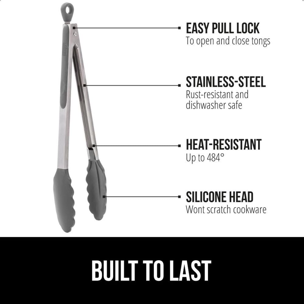 GORILLA GRIP Stainless Steel Heat Resistant Kitchen Tongs for Cooking, 9 + 12 Inch, Set of 2 BBQ Tong, Non Scratch Silicone Tip for Pan, Strong Grip, Grab Food, Toss Salad, Air Fryer, Pull Lock, Black