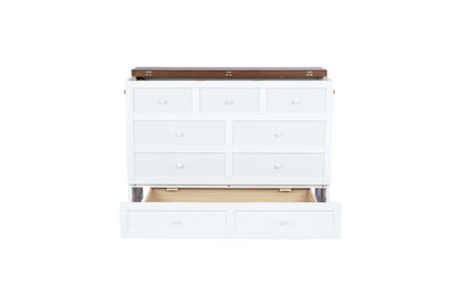 Bellemave Full Murphy Bed with Storage Drawer and Charging Station, Cabinet Bed, Farmhouse Murphy Cabinet with Foldable Panel, Noisy Free, for Guest Bedroom, Living Room, White+Walnut Panel