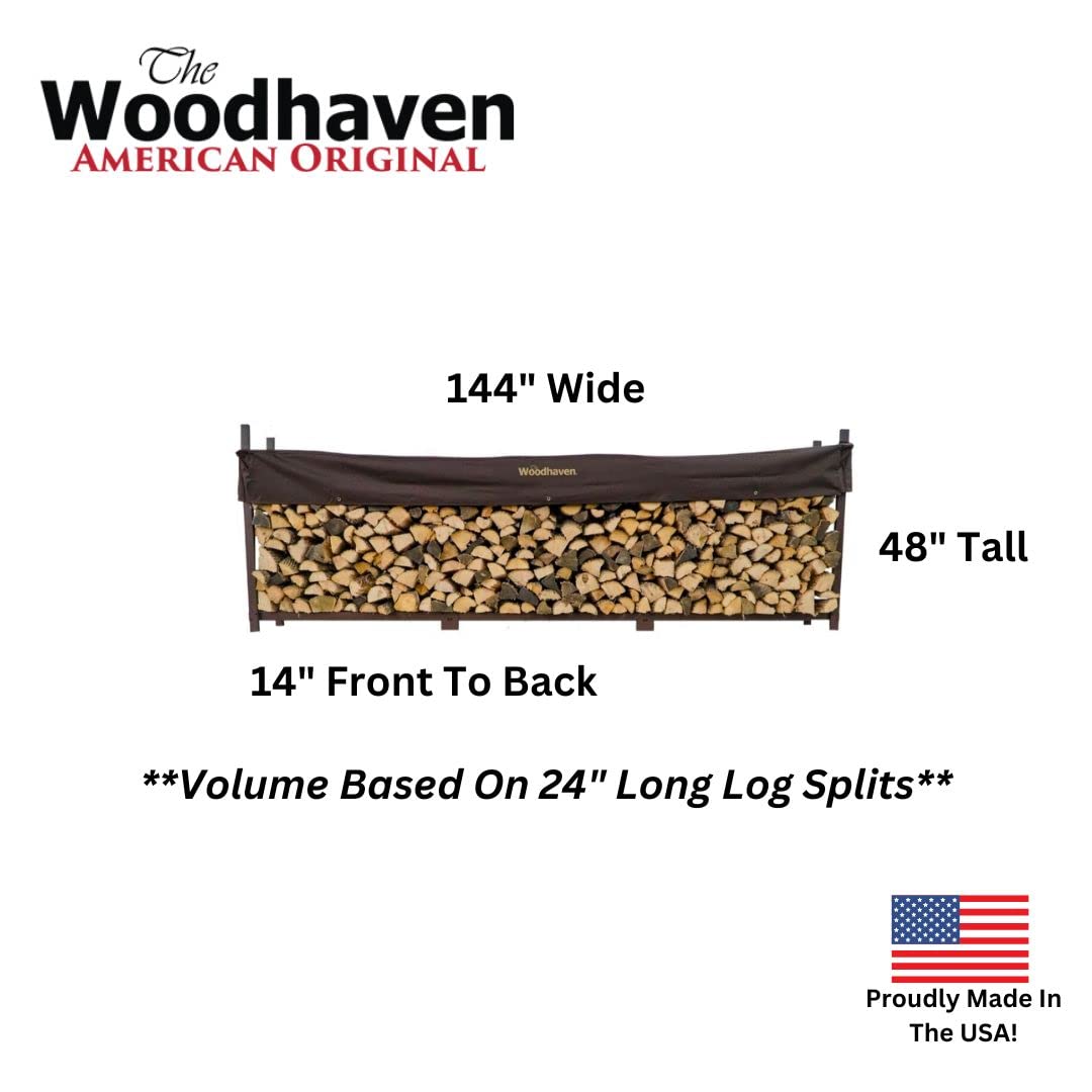 Woodhaven 12-Foot Brown Firewood Rack – American Brand – 3/4 Cord Raised Lumber Storage Rack – Keeps Wood Dry & Ready – Heavy-Duty Steel, Lifetime Structural Warranty (With Cover)