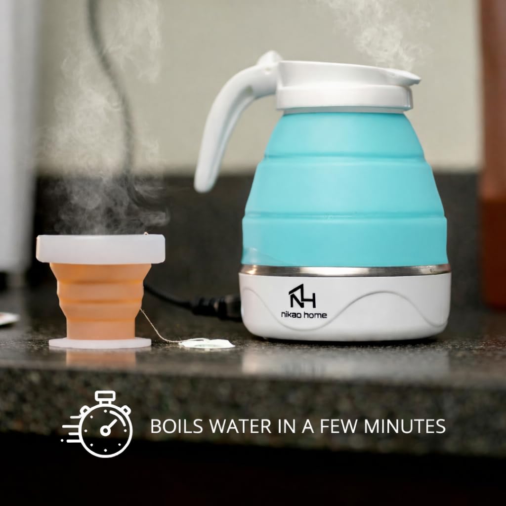 Nikao Home Foldable Electric Kettle With Milk Frother and Foldable Cup – Travel kettle, Portable Tea Kettle for Travel, Mini Collapsible Water Warmer, Compact Design and Quick Heating. (Aqua Blue)