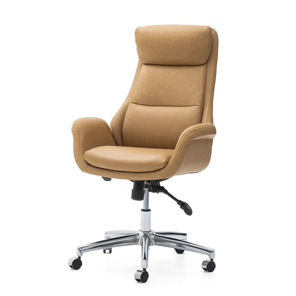 Glitzhome Modern Executive Office Chair, High Back PU Leather Ergonomic Computer Desk Chair, Adjustable Height Swivel Office Task Chair with Lumbar Back Support (Camel)