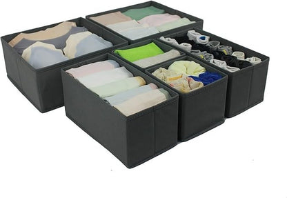 Amazon Basics Collapsible Cloth Drawer Organizer Boxes for Socks, Underwear and Baby Clothes, Storage Bins, Gray, Set of 6