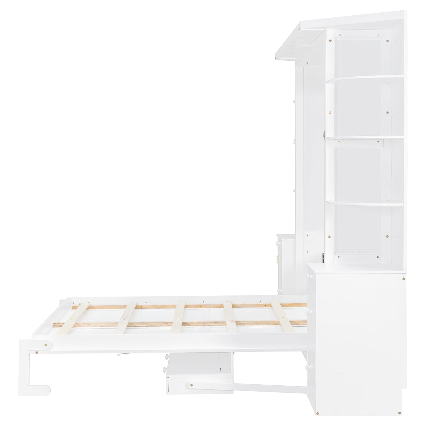 Merax Queen Murphy Bed with Desk and Storage, Hidden Wall Bed with Foldout Workstation, Shelves and Cabinets for Space-Saving Home Office, White