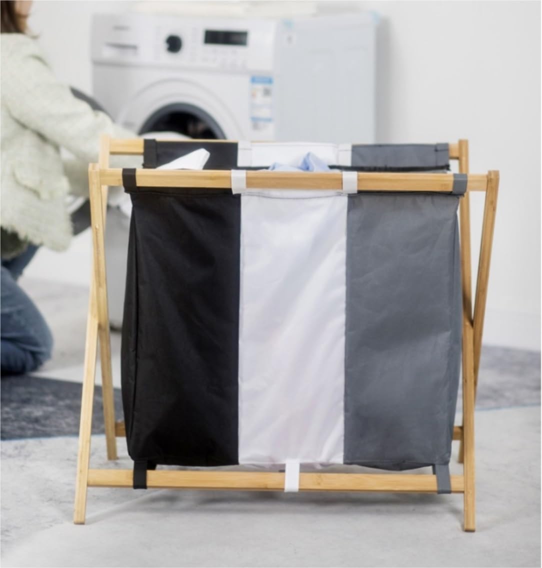 PXIWDAN Laundry Basket Bamboo Laundry Hamper 3 Section Felt Compartment Sorter Bag Basket Removable Clothes Wooden Clothes Hamper