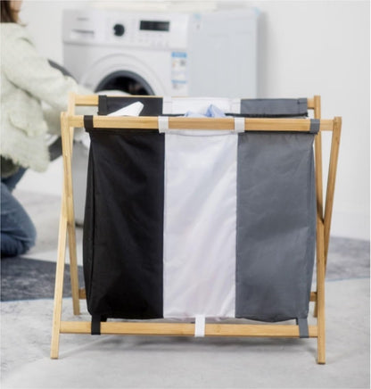 PXIWDAN Laundry Basket Bamboo Laundry Hamper 3 Section Felt Compartment Sorter Bag Basket Removable Clothes Wooden Clothes Hamper