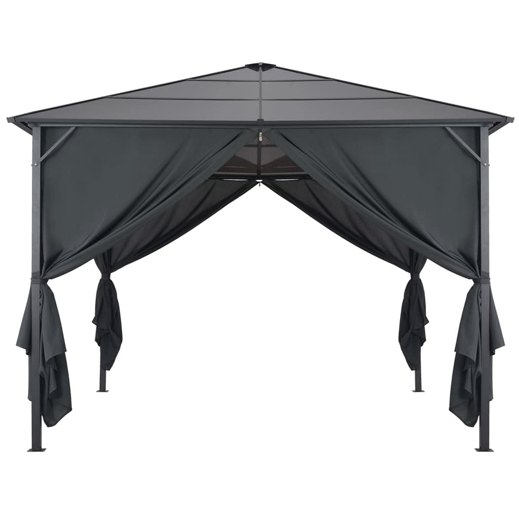 hliofuir 9.8'x9.8' Outdoor Gazebo with Curtains Black Aluminum Hardtop Pavilion with PC Board Roof for Patio Backyard Garden BBQ and Family Gatherings Sturdy Metal Frame