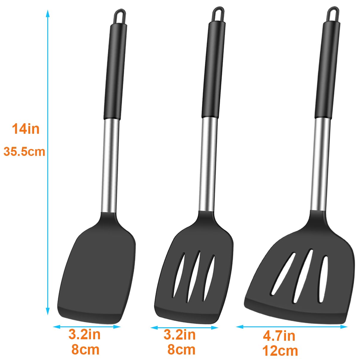 KLAQQED 3Pcs Silicone Spatula Set Heat Resistant Spatulas for Nonstick Cookware Fish Turner Plastic Spatulas Rubber Wok Spatula, Long Large Spatula Silicone Cooking Use Kitchen Utensils Set