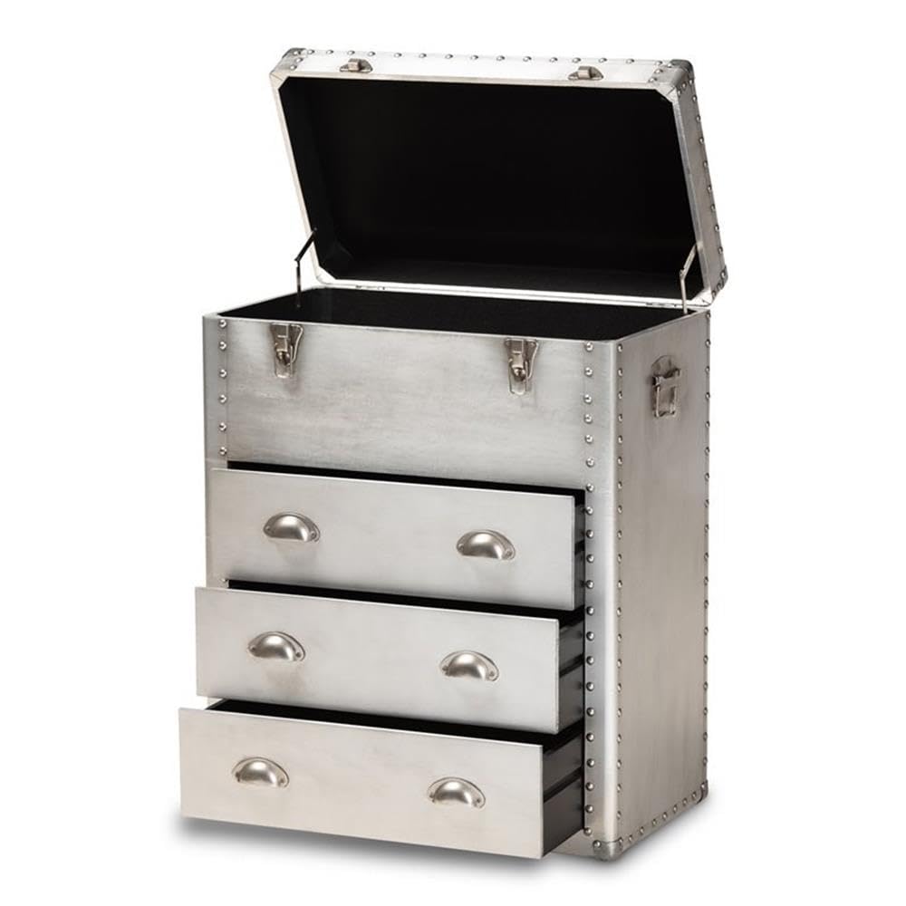 BOWERY HILL 3-Drawer Mid-Century Metal Accent Storage Chest, Silver Finish, Wood and Metal Construction, Vintage-Inspired Rivet Details, Lift-Top Compartment, Bedroom, Living Room, or Entryway Use