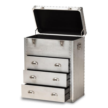 BOWERY HILL 3-Drawer Mid-Century Metal Accent Storage Chest, Silver Finish, Wood and Metal Construction, Vintage-Inspired Rivet Details, Lift-Top Compartment, Bedroom, Living Room, or Entryway Use