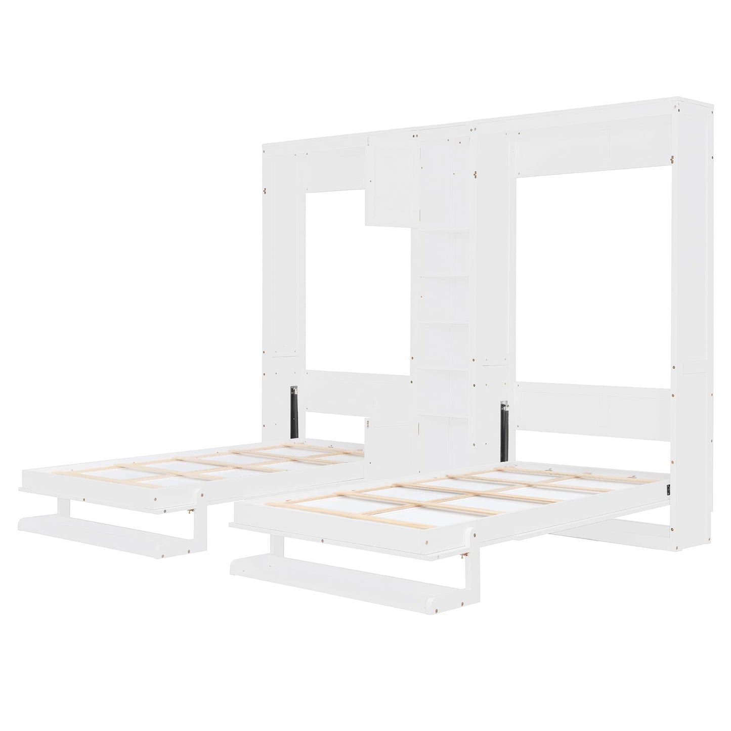 Merax Dual Twin Murphy Bed with Cabinets and Shelves, Space Saving Wall Bed with Storage, Foldable Twin Beds with Convertible Shelf Legs for Guest Room, Small Space, White
