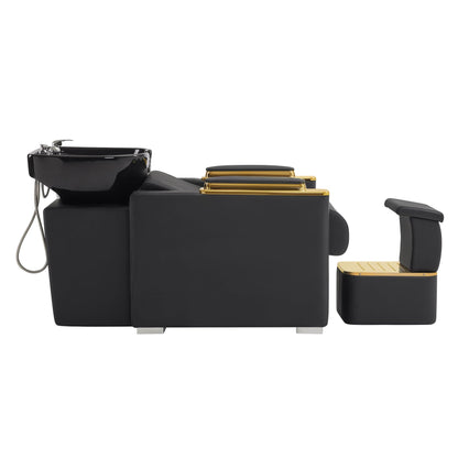 BarberPub Backwash Shampoo Station Chair with Porcelain Ceramic Hair Wash Bowl, Vacuum Breaker, Professional Black&Gold Shampoo Chair for Salon and Spa 8613 (Black)