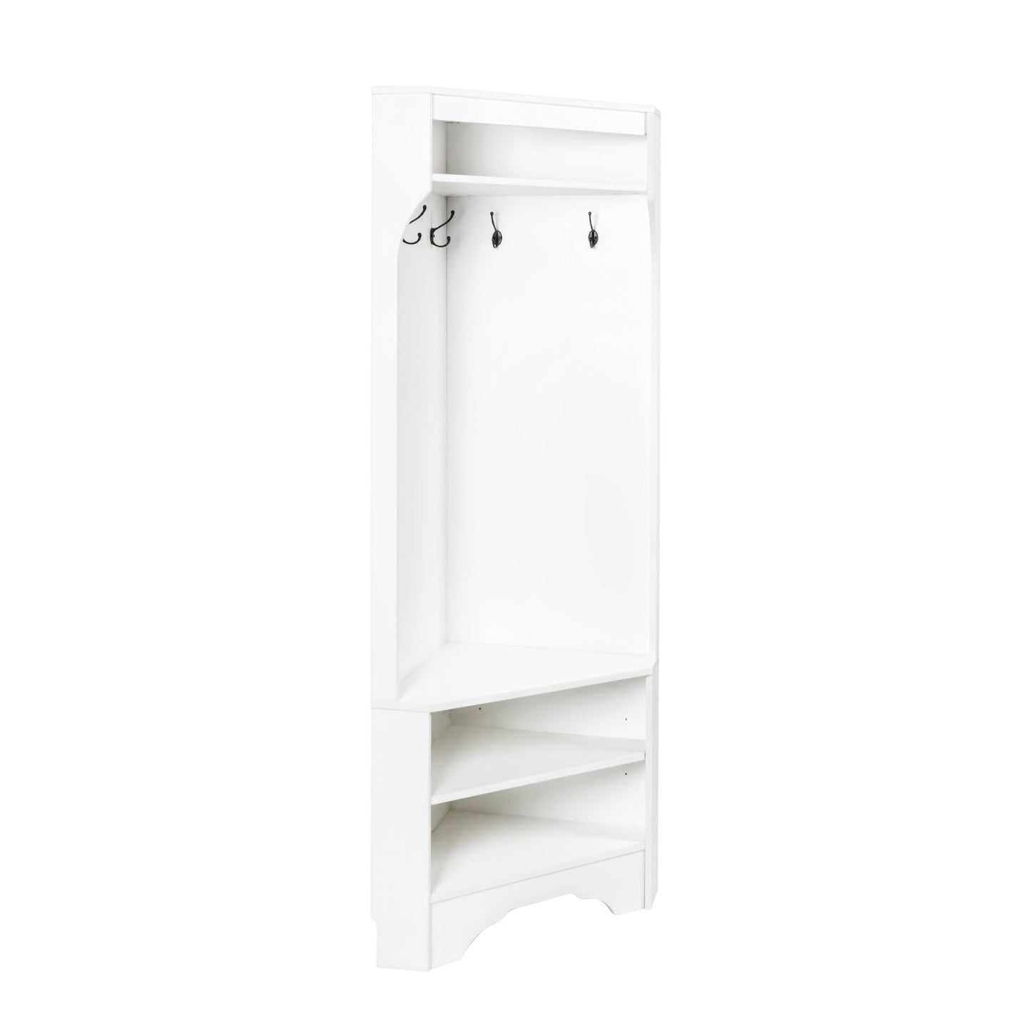 Minimalist Corner Hall Tree with Shoe Bench and 4 Hanging Hooks,Multi-Functional Entryway Coat Rack with Shoe Shelf,Corner Cabinet with Adjustable Shelf for Hallway, Living Room,Black (White, Corner)