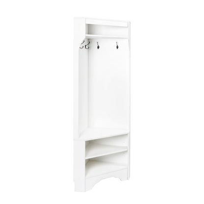 Minimalist Corner Hall Tree with Shoe Bench and 4 Hanging Hooks,Multi-Functional Entryway Coat Rack with Shoe Shelf,Corner Cabinet with Adjustable Shelf for Hallway, Living Room,Black (White, Corner)