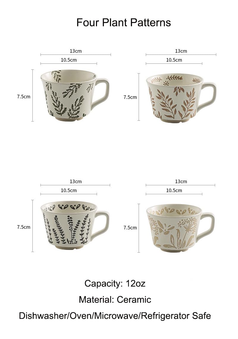 Handmade Ceramic Mugs, 12 oz Coffee Cups, Tea Mugs, Farmhouser Mug, Luxurious Cups for Office Home Microwavable, Porcelain Coffee Cups With Handle - Modern, Boho, Unique Style Wisteria Leaves