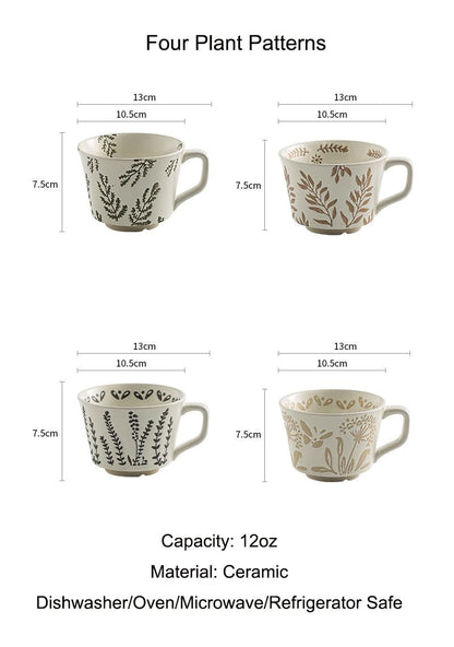 Handmade Ceramic Mugs, 12 oz Coffee Cups, Tea Mugs, Farmhouser Mug, Luxurious Cups for Office Home Microwavable, Porcelain Coffee Cups With Handle - Modern, Boho, Unique Style Wisteria Leaves