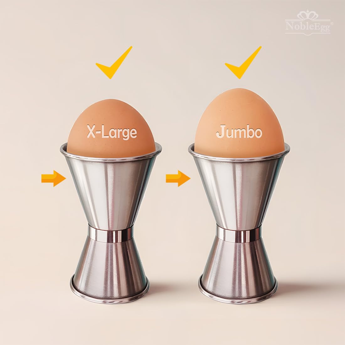 NobleEgg Universal Egg Cups and Spoons for Soft Boiled Eggs, All Chicken Egg Sizes | Stainless Steel | Set for 2
