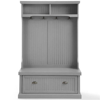 BOWERY HILL Coastal Wood Hall Tree, Distressed Navy Finish, 64.5" H x 40" W x 18.5" D, Solid Poplar Wood and Particle Board, Bench Seat, 4-Hook Coat Rack, Storage Shelves, Entryway Furniture