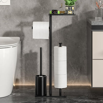 Skiennix Modern Bathroom Toilet Paper Stand - Stylish Black Metal Holder with Storage Shelf for 3 Mega Rolls | 24x12x60 Inches