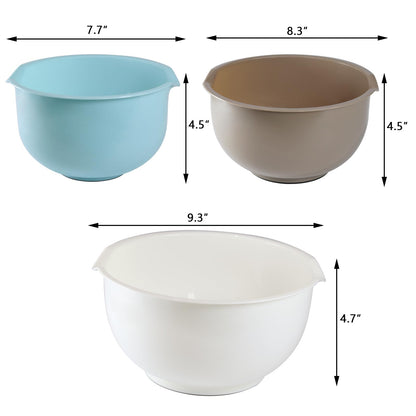 Cheeren Set of 3 Mixing Bowls with Pour Spout-Nesting Design Saves Space - Non-Slip, BPA Free, Dishwasher Safe Plastic - Kitchen Cooking and Baking Supplies (Blue Grey white)