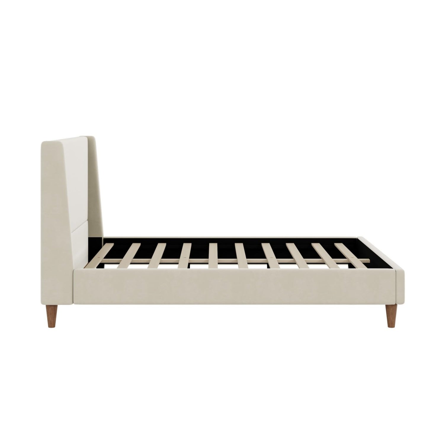 Merax Velvet Queen Size Bed Frame with Wingback Headboard, Solid Wood Upholstered Platform with Round Legs, No Box Spring Needed, Beige