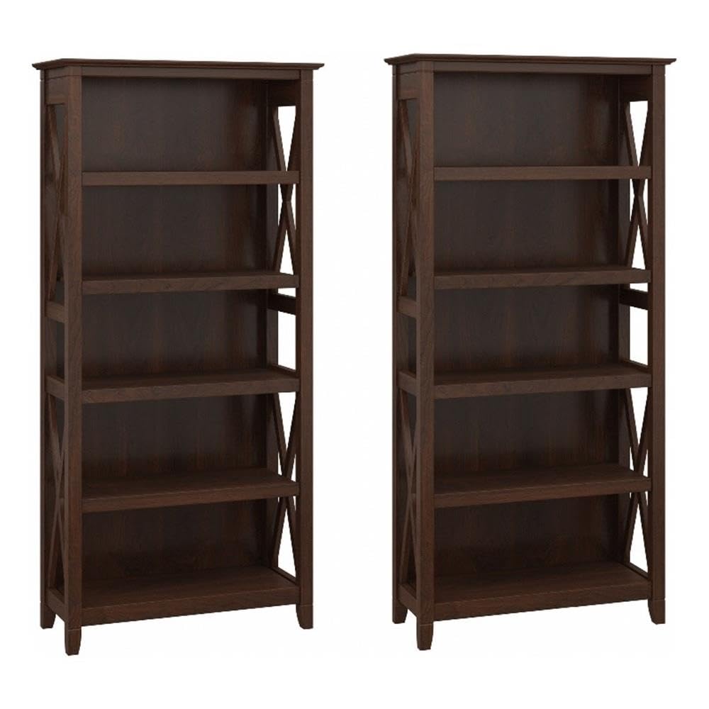 Bush Home Key West 5 Shelf Bookcase - Set of 2 | Tall Bookshelves in Bing Cherry | Sturdy Display Shelves for Library, Living Room, and Home Office